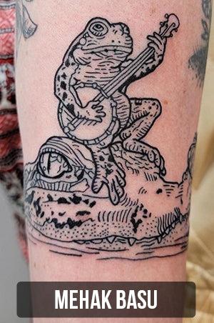 blackwork tattoo of a frog playing a banjo by Mehak Basu with link to her portfolio page