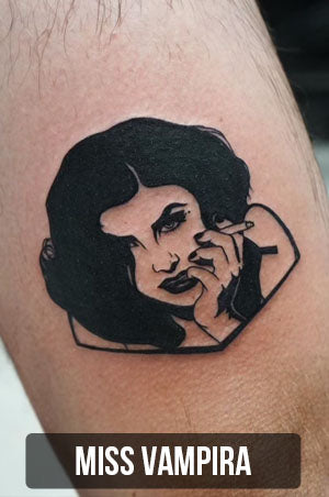 blackwork tattoo of audrey horne by Miss Vampira with link to her portfolio page