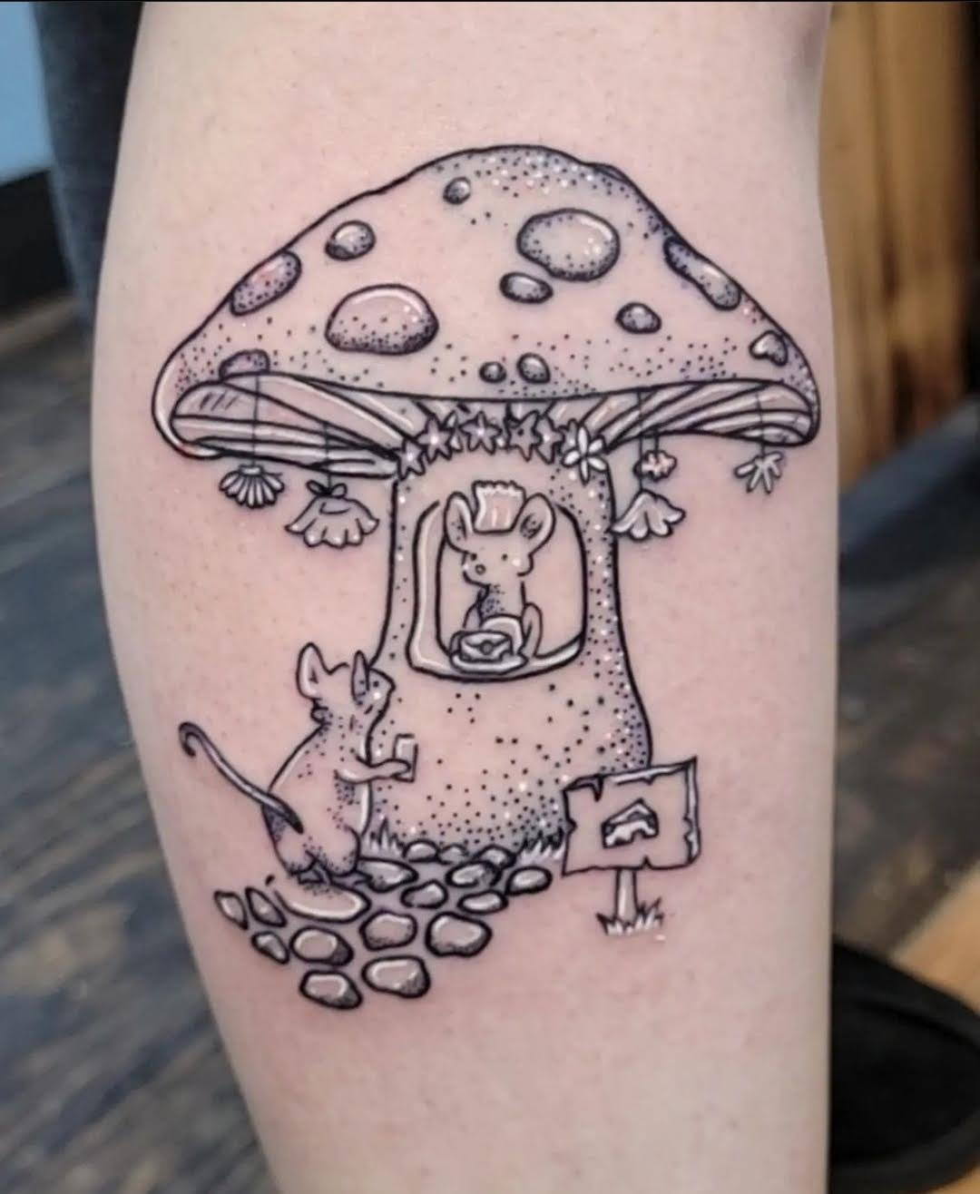Blackwork Mushroom Mouse Restaraunt tattoo made by Mehak Basu