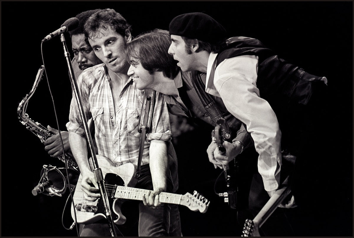 Close up of black and white photograph of Bruce Springsteen on stage with the E Street Band by Mark Weiss