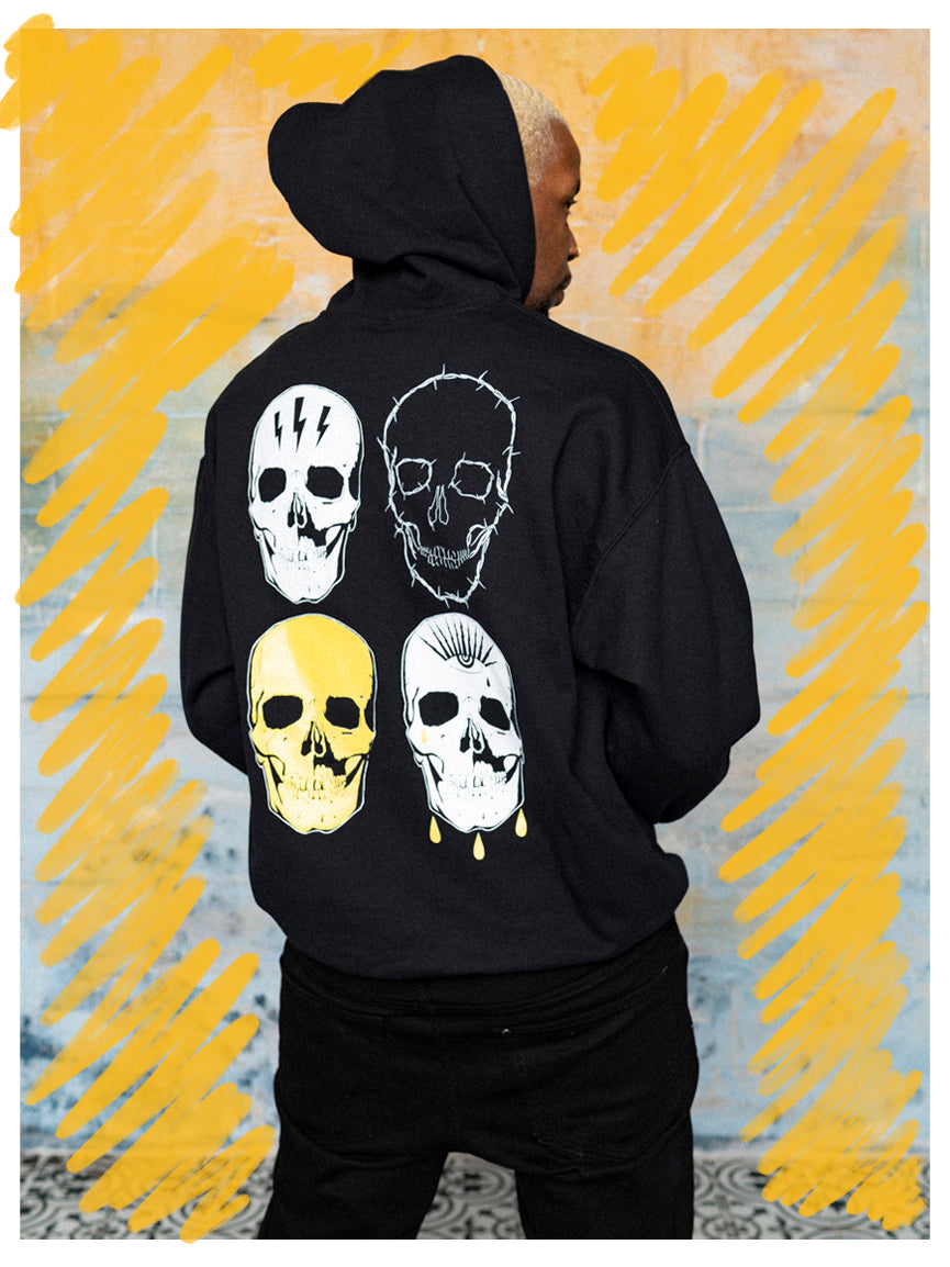 Black hoodie with 4 Grit N Glory skulls