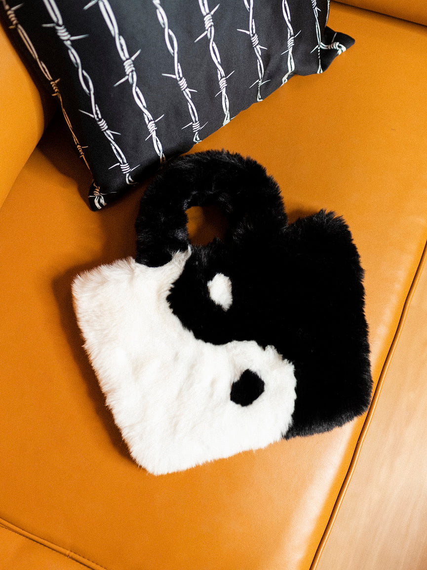 black and white fuzzy handbag