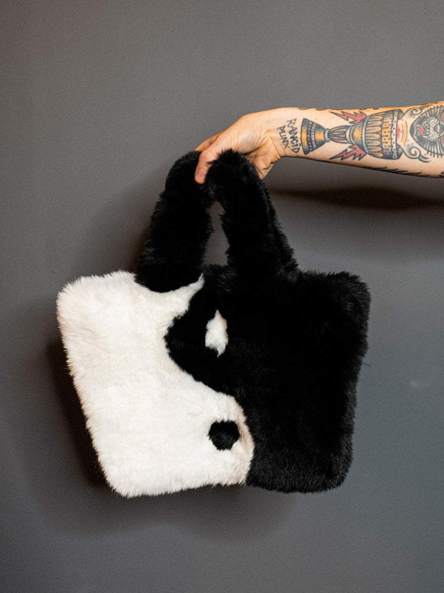 black and white fuzzy handbag