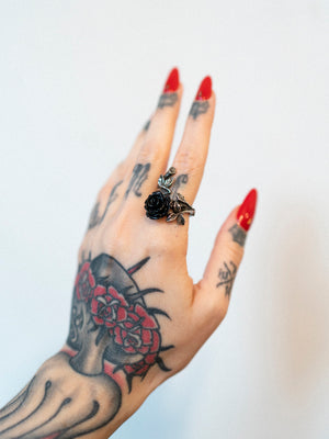 Wild Black Rose Pewter Ring