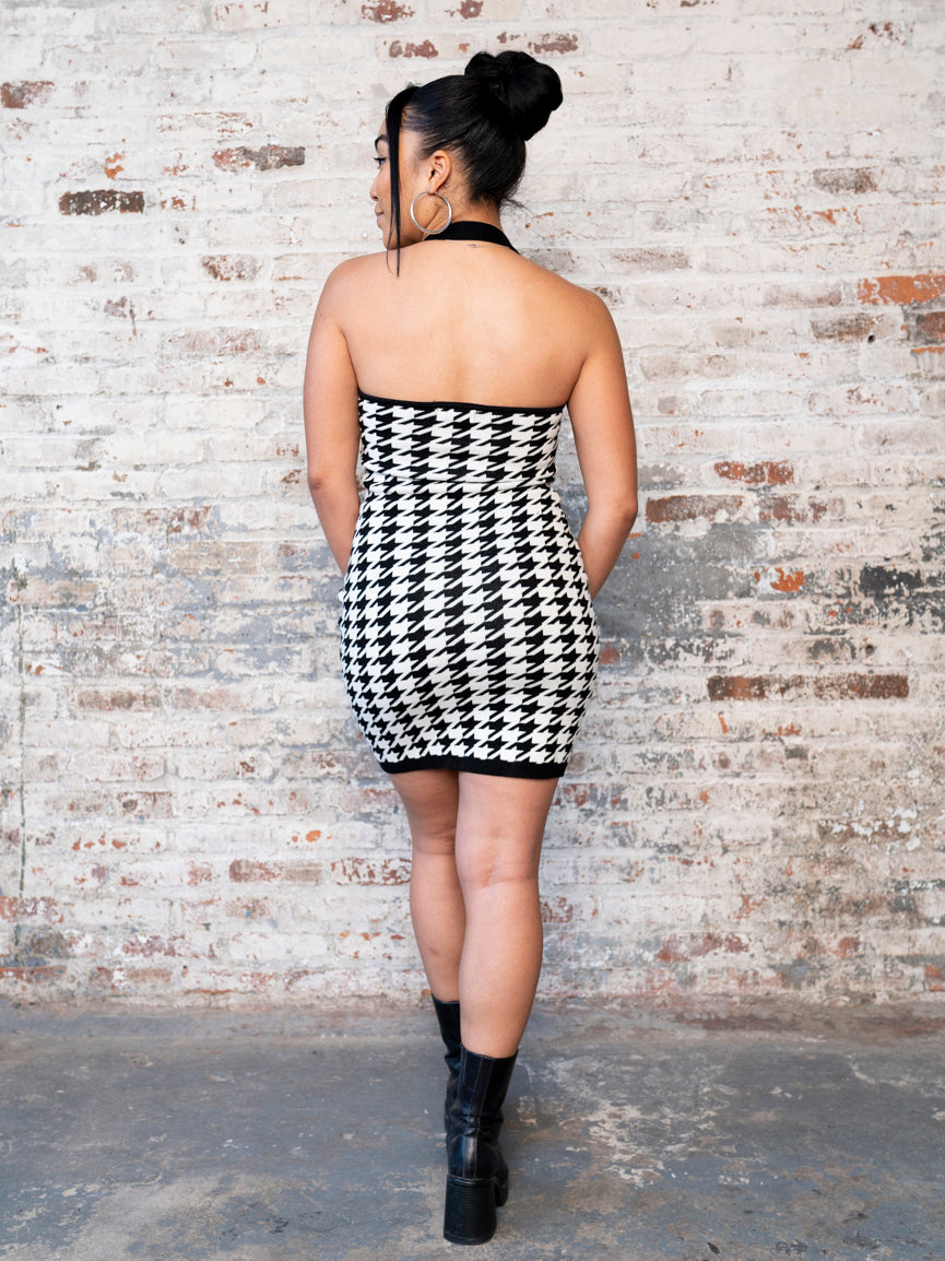 Whitney Houndstooth Halter Mini Dress Large