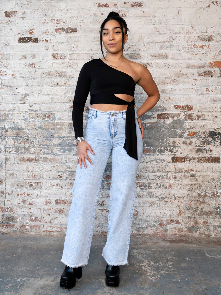 One shoulder sales denim top