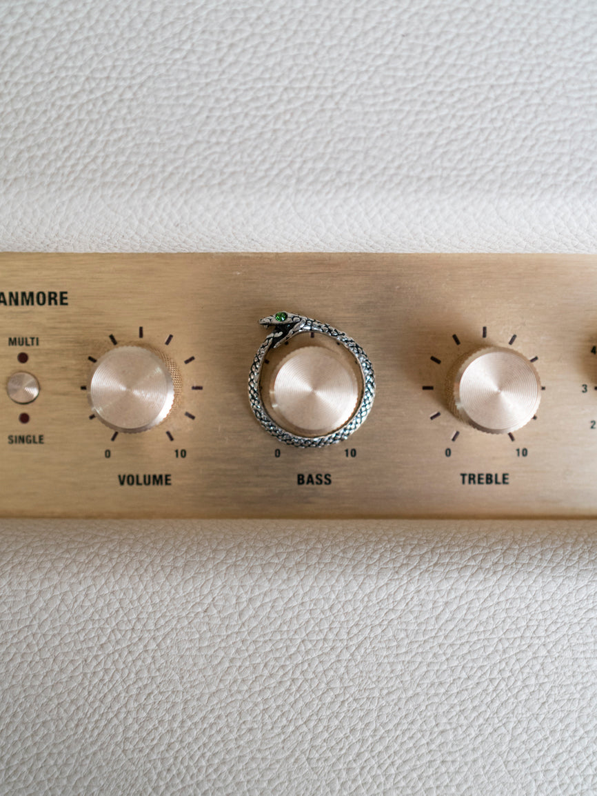 snake ring situated on a gold colored marshall amplifier knob 