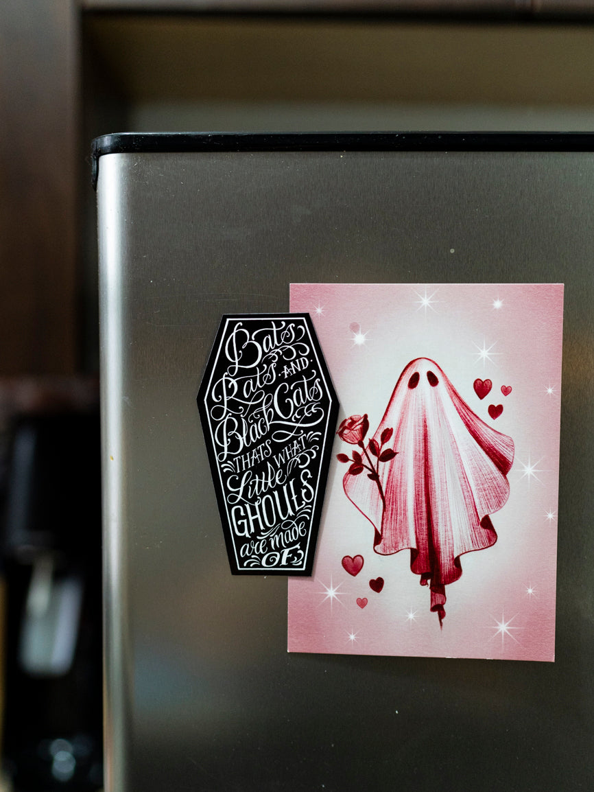 A black and white magnet with a coffin shape featuring the phrase 'Bats, rats and black cats. That's what little ghouls are made of' in a white, stylized font.