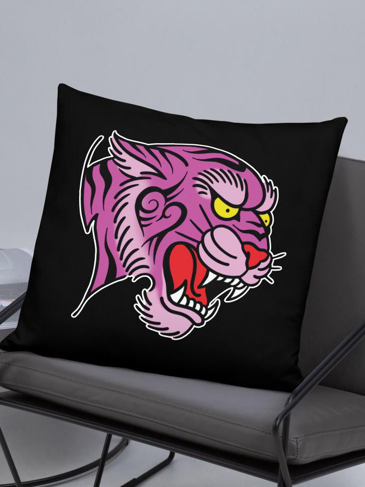 black throw pillow with pink traditional tattoo style tiger design by Megan Massacre