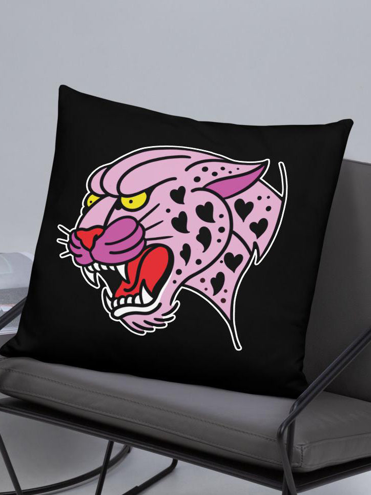 black throw pillow with pink traditional tattoo style tiger design by Megan Massacre