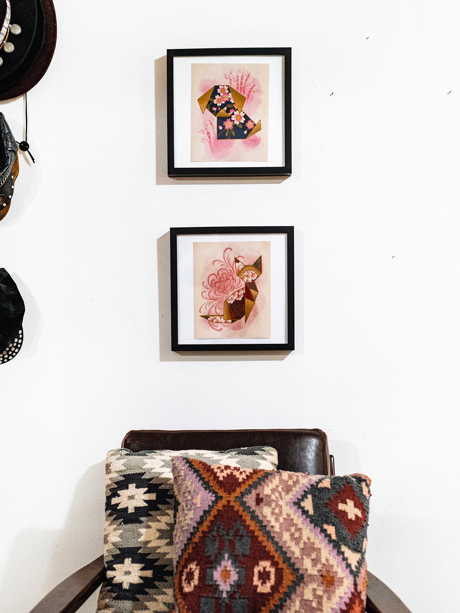 Framed versions of the origami dog and cat print set. 
