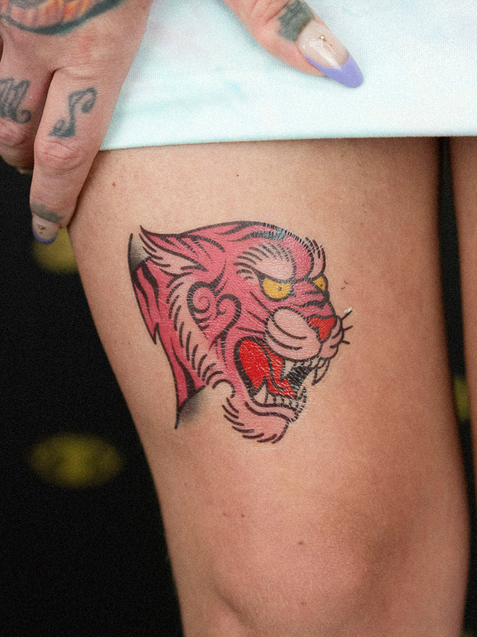 Pink tiger temporary tattoo designed by and placed on Megan Massacre