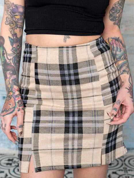 Beige high waisted plaid skirt on sale